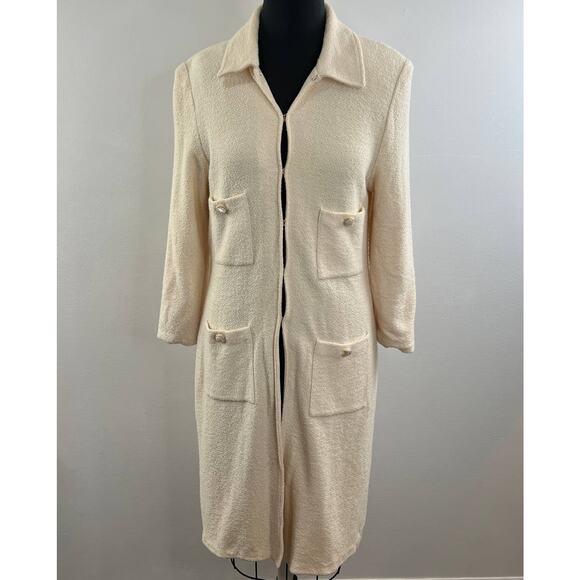 VINTAGE St John Cream Long Line Duster Wool Four Pocket Sweater Coat 10 FLAW VTG - Picture 1 of 14